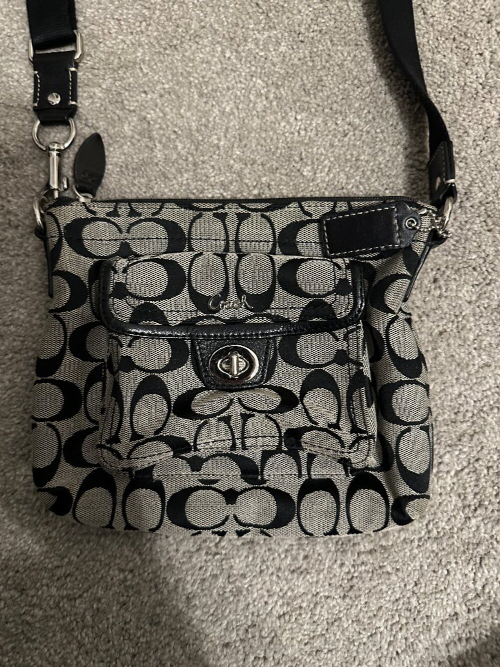 Coach Signature Jacquard Crossbody Bag Black Grey Turnlock Pocket